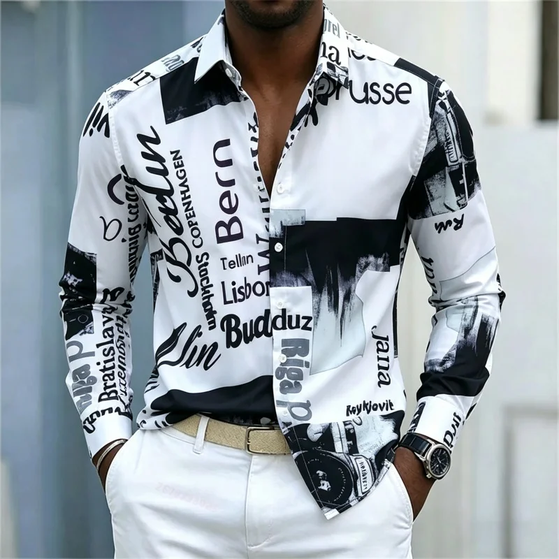 Fashion Streetwear - Men's Printed Long-sleeve Shirt, Slim-fit with