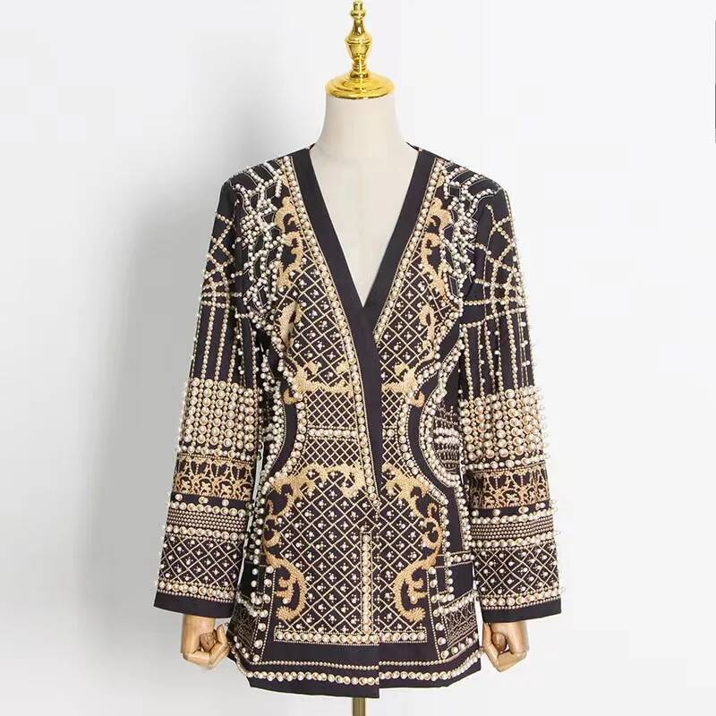 Street Fashion Taiwan - Fashion Beading V Neck Blazers Coat